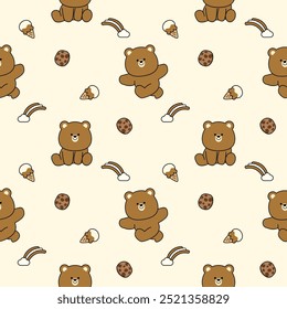 Oso marrón alegre de dibujos animados tan lindo. Sobre fondo de galletas de nube de arco iris de helado. Patrón de Ilustración vectorial sin fisuras. 