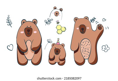 Bear Brown Family Doodle Style. Consists Of Leaves, Honeycomb, Heart. Vector Art And Illustration.