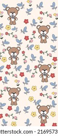 Bear Brown and Flower Pattern, Bear brown and Flower colorful seamless, Flower cream color Background, Flower Wallpaper Love Cards Vector Stock Vector Illustration.