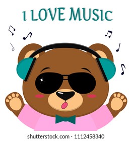 Bear is a brown musician, listens to music and sings. In green headphones, sunglasses, a bow tie and a pink shirt with raised paws, in the style of cartoons. Vector illustration, a flat design.