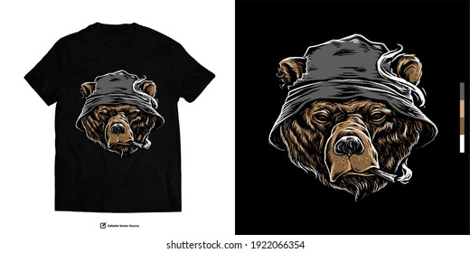 Bear With bucket Hat While Smoking T Shirt Design Hand Drawing illustration