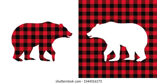 
Bear Buffalo Plaid  Set. Vector Illustration Woodland  Animal . Lumberjack  Clipart. 