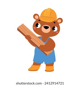 Bear Builder Character in Hard Hat Carrying Wooden Plank Vector Illustration