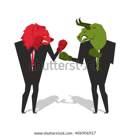 Bear and bull are boxing. Traders fight. Businessmen Boy in business suit and box gloves. Battle of red and green large predatory animal. ox.  Allegory illustration for biz infographics
