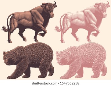 Bear and bull. Design set. Hand drawn engraving. Editable vector vintage illustration. Isolated on light background. 8 EPS 