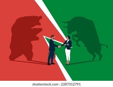 Bear and Bull fighting. Business people handshake. Symbol of Financial markets. Global economy crash or boom. Diplomacy, contract signing. Modern vector illustration in flat style