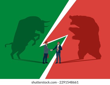 Bear and Bull fighting. Business people handshake. Symbol of Financial markets. Global economy crash or boom. Diplomacy, contract signing. Flat vector illustration