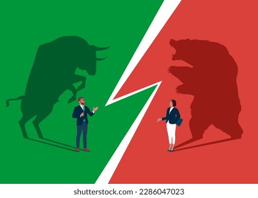 Bear and Bull fighting. Symbol of Financial markets. Global economy crash or boom. Modern vector illustration in flat style