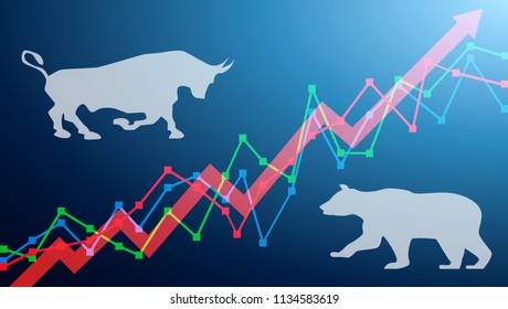 Bear and bull on a chart, with arrows going up. Stock market concept bull and bear – stock vector