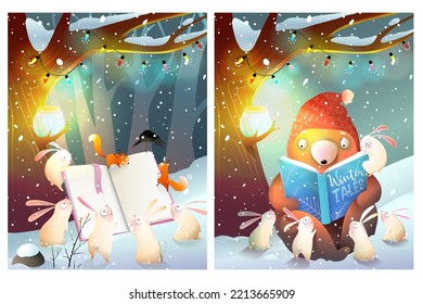 Bear and bunnies reading a book or study in forest under a tree. Winter animals scene reading book at night. Animals story or fairy tale illustration for kids. Watercolor style vector for children.