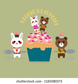 Bear and bunny dig in a delicious cupcake with bear and bunny candies.
