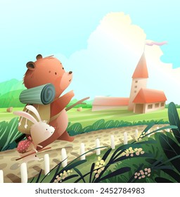 Bear and bunny friends go together on a journey in scenic rural path by the village. Animal characters backpack adventures for kids. Vector in watercolor colors for children book, summer exploration.