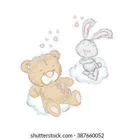 Oso y conejo en una nube. Postal con animales lindos. Día de San Valentín. Amor.