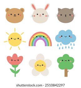 Bear, bunny rabbit, cat kitten, sun, rainbow, raining cloud, tulip daisy chamomile flower, tree. Cute kawaii cartoon icon set. Funny face head. Childish style. Flat design. White background. Vector