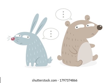 Bear and bunny speechless friends vector illustration cartoon isolated on white background. Bear and bunny cute pastel cartoon. 