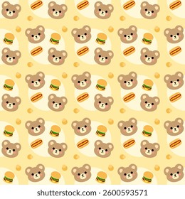 Bear, Burger, Hotdog on yellow background, Fabric pattern, Wrapping paper, Seamless pattern