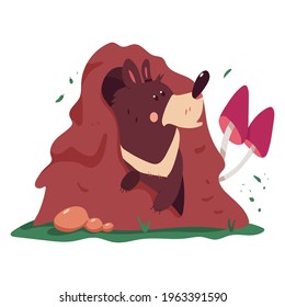 Bear in the burrow vector cartoon illustration isolated on a white background.