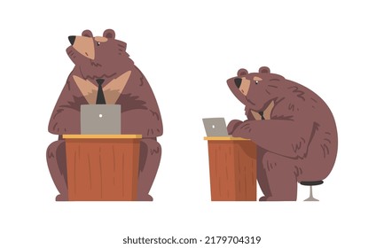Bear Businessman Character in Tie Sitting at Desk with Laptop Vector Set
