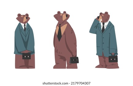 Bear Businessman Character in Tie Standing with Briefcase Speaking by Phone Vector Set