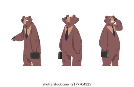 Bear Businessman Character in Tie Standing with Briefcase Speaking by Phone Vector Set