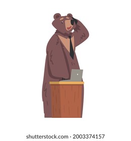 Bear Businessman Character Working on Office with Laptop Computer Cartoon Vector Illustration