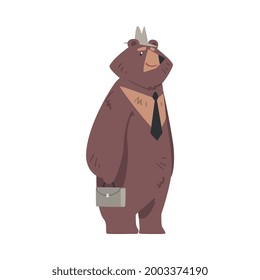 Bear Businessman Standing with Briefcase, Humanized Brown Animal Character Wearing Tie and Hat Cartoon Vector Illustration