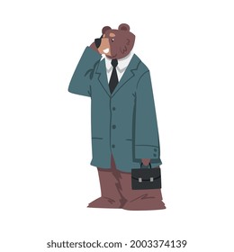 Bear Businessman Talking on Phone, Humanized Brown Animal Character in Business Suit Cartoon Vector Illustration