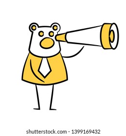 bear businessman using binocular yellow stick figure character theme