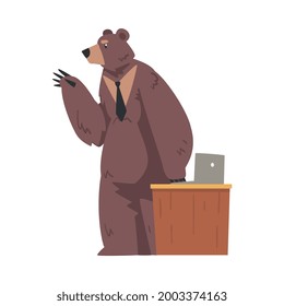 Bear Businessman Working on Office, Humanized Animal Character in Business Suit Cartoon Vector Illustration