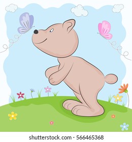 Bear and butterfly in the nature spring