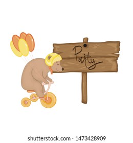 Bear by bike near wooden signboard with the inscription "Party" in vector. Cartoon illustration