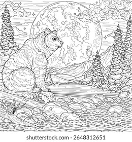 Bear by the river and mountains and the full moon.Landscape. Coloring book antistress for children and adults. Illustration isolated on white background.Zen-tangle style.Black and white