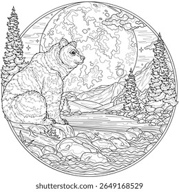 Bear by the river and mountains and the full moon in the frame.Landscape. Coloring book antistress for children and adults. Illustration isolated on white background.Zen-tangle style.Black and white