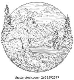 Urso pelo rio e montanhas em uma moldura redonda.Paisagem. Livro de colorir antistress para crianças e adultos. Ilustração isolada em fundo branco.Zen-tangle style.Black e branco