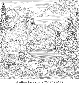 Bear by the river and mountains.Landscape. Coloring book antistress for children and adults. Illustration isolated on white background.Zen-tangle style.Black and white