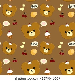 Bear, cake, cherry on brown background, fabric pattern, gift wrapping paper, cute stickers, notebook cover, phone case , seamless pattern 