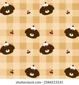 Bear, Cake, Cherry on brown Background, Fabric Pattern, Wrapping Paper, Notebook Cover, Phone Case , seamless pattern 