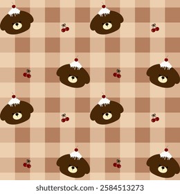 Bear, Cake, Cherry on brown Background, Fabric Pattern, Wrapping Paper, Notebook Cover, Phone Case , seamless pattern 