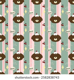 Bear, cake, cherry on green background, pink lines, fabric pattern, wrapping paper, notebook cover, phone case , seamless pattern 