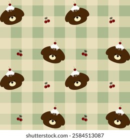 Bear, Cake, Cherry on green Background, Fabric Pattern, Wrapping Paper, Notebook Cover, Phone Case , seamless pattern 