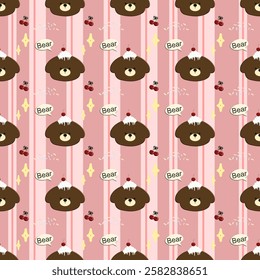 Bear, cake, cherry on pink background, pink lines, fabric pattern, wrapping paper, notebook cover, phone case , seamless pattern 