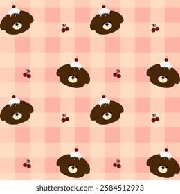 Bear, Cake, Cherry on Pink Background, Fabric Pattern, Wrapping Paper, Notebook Cover, Phone Case , seamless pattern 