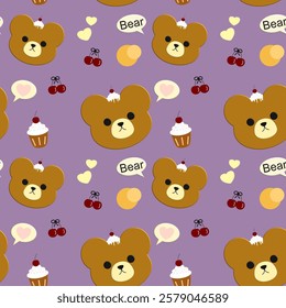 Bear, cake, cherry on purple background, fabric pattern, gift wrapping paper, cute stickers, notebook cover, phone case , seamless pattern 