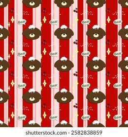 Bear, cake, cherry on red background, pink lines, fabric pattern, wrapping paper, notebook cover, phone case , seamless pattern 