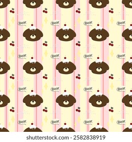 Bear, cake, cherry on yellow background, pink lines, fabric pattern, wrapping paper, notebook cover, phone case , seamless pattern 