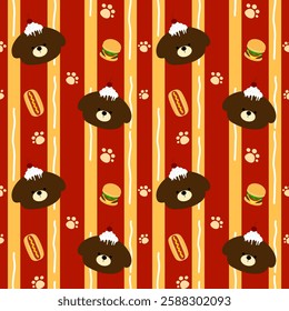 Bear, cake, hotdog, hamburger on red background, yellow lines, fabric pattern, gift wrapping paper , seamless pattern 