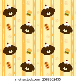 Bear, cake, hotdog, hamburger on yellow background, orange lines, fabric pattern, gift wrapping paper , seamless pattern 