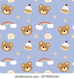 Bear, cake, rainbow on blue background, fabric pattern, gift wrapping paper, cute stickers, notebook cover, phone case , seamless pattern 