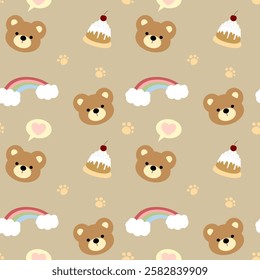 Bear, cake, rainbow on brown background, pink lines, fabric pattern, wrapping paper, notebook cover, phone case , seamless pattern 