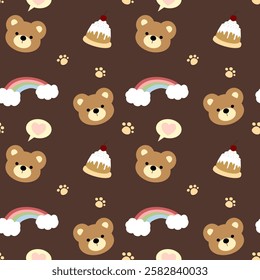 Bear, cake, rainbow on brown background, pink lines, fabric pattern, wrapping paper, notebook cover, phone case , seamless pattern 